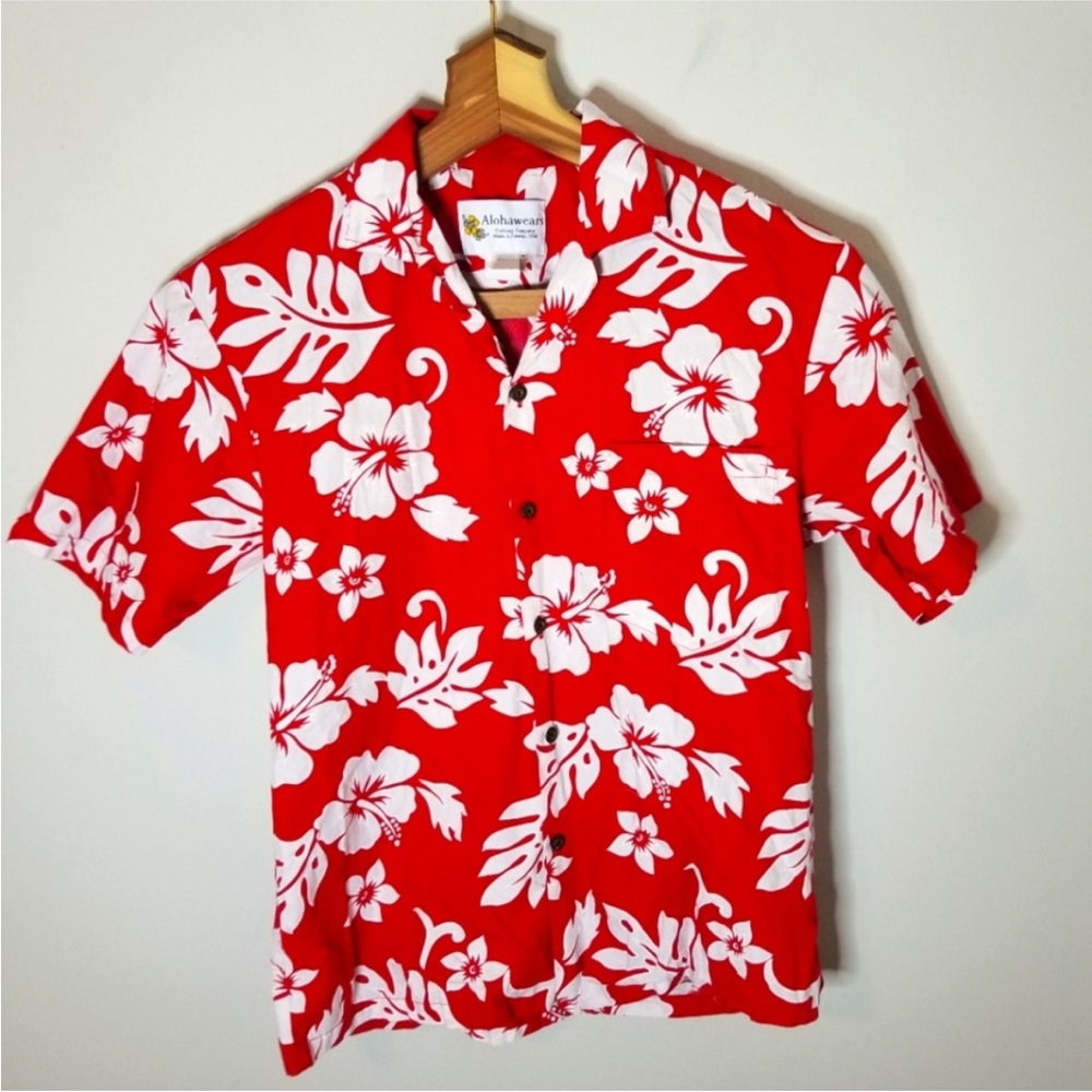 AlohaWear Clothing Company Hawaiian Shirt Cotton Red White Hibiscus Men's S